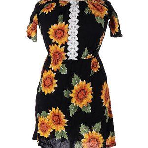 Short Sleeve Sunflower Silk Blend Dress Smocked Neckline Lace  XL